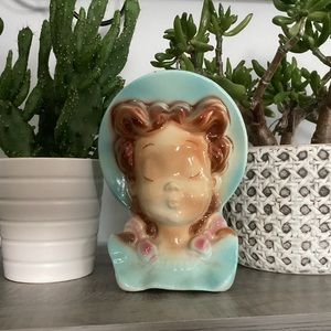 Vintage Royal Copley Blue Bonnet Girl Pocket Wall Head Vase